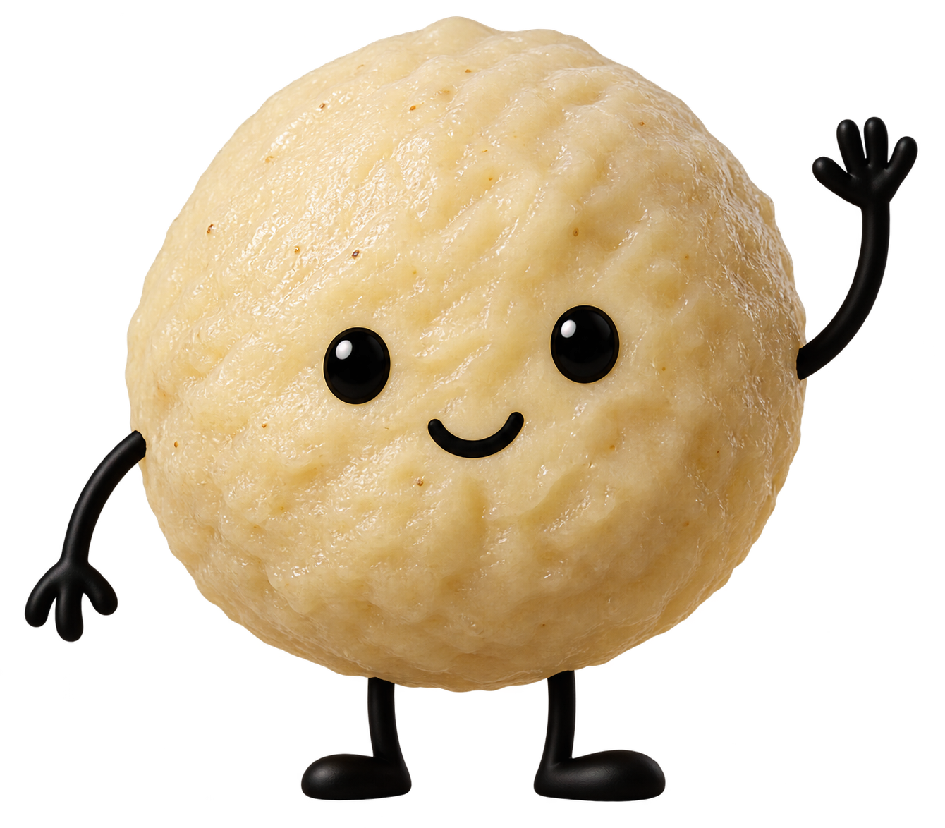 The Kroppkakan mascot — a smiling kroppkaka waving hello